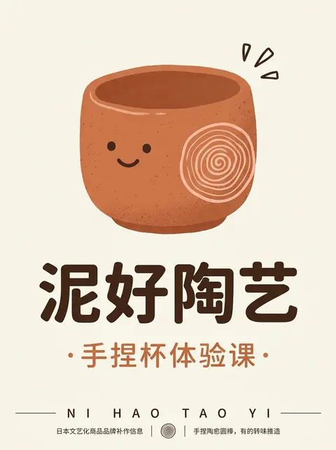 一张极简温暖的陶艺工作室品牌海报／LOGO 设计，米白色纯净背景，整体严格居中构图，充满留白与呼吸感。画面上方是一只手绘风格的赤陶色陶土杯，命名为“暖釉小杯”， - AI生成图片 2