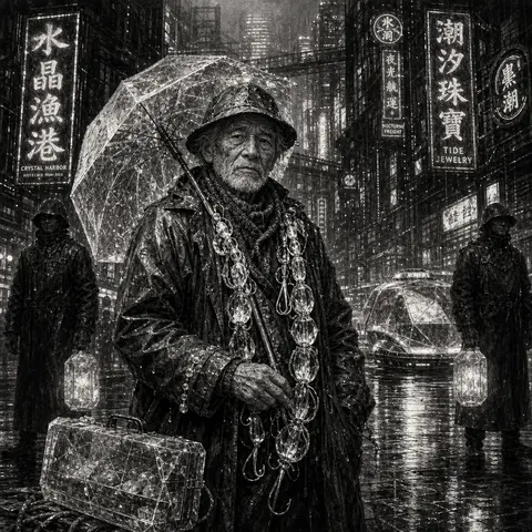 An elderly fisherman in a charcoal-sketch vision of a neon-lit rainy megacity, s - AI生成图片 1
