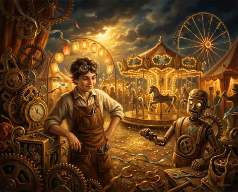 a young tinkering inventor navigating a midnight carnival of brass carousels and - AI生成图片 3