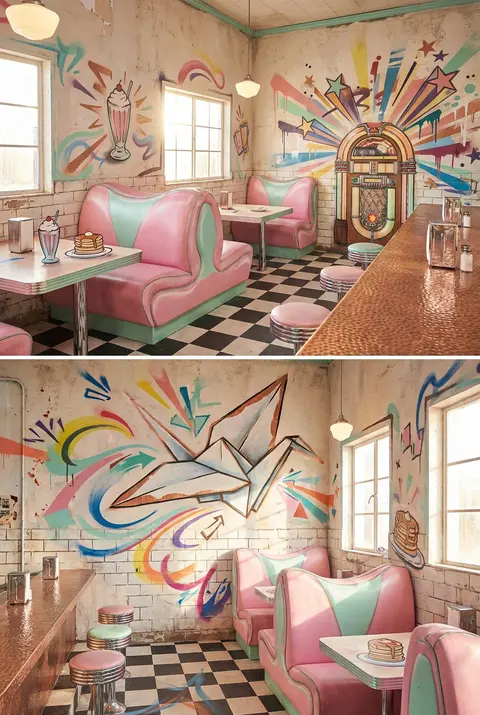 A jubilant street-mural tableau inside a sun-drenched 1950s retro diner, starrin - AI生成图片 2