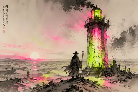 A solitary lighthouse keeper in a windswept desert at dawn, tending a towering b - AI生成图片 1