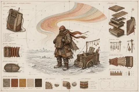 blueprint schematic illustration of a wandering street musician paused on a froz - AI生成图片 1