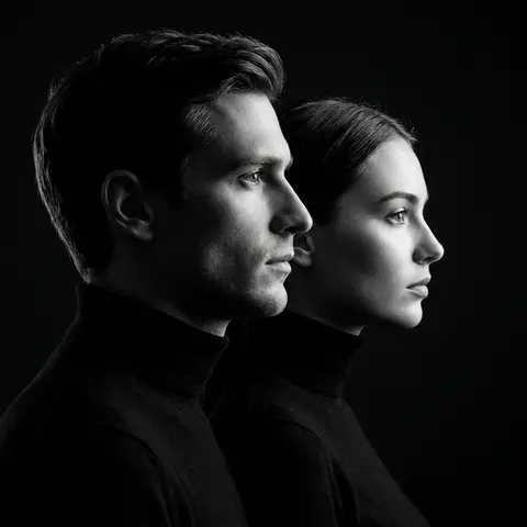 A minimalist black and white cinematic portrait featuring two individuals (male - AI生成图片 2