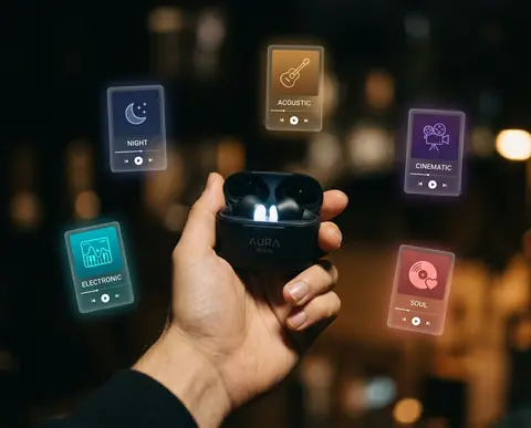 one natural hand holding the open charging case as the emotional anchor. a few f - AI生成图片 1