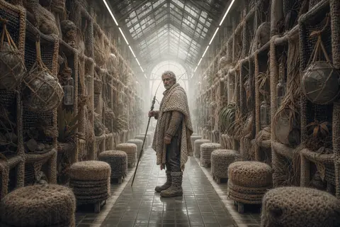 极简而压迫感十足的电影式场景：一座被午后阳光切割的温室内部，中央单点透视，镜头位于狭长过道正中、平视视角，35mm广角，构图绝对对称；两侧不是柜体而是整面由奶油 - AI生成图片 1