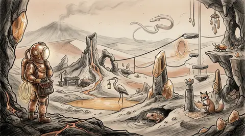 Side-view platformer scene set across a tranquil volcanic wasteland, rendered as - AI生成图片 1