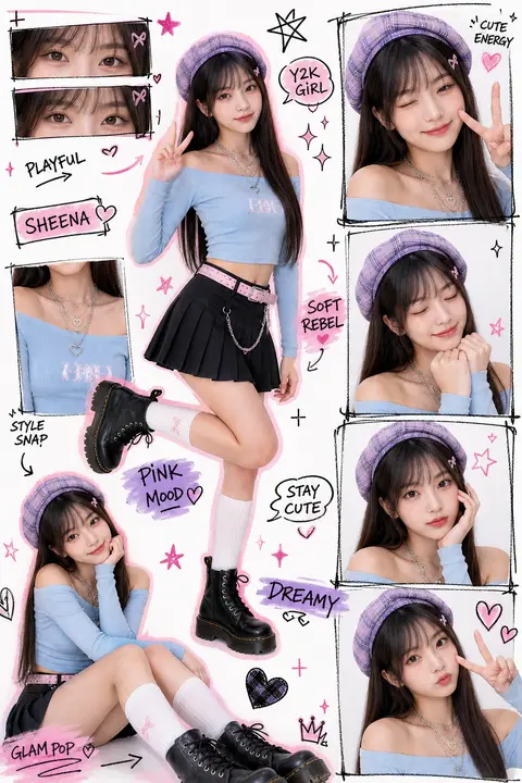 Create a premium vertical 4:5 Y2K kawaii street-style collage poster using the u - AI生成图片 1