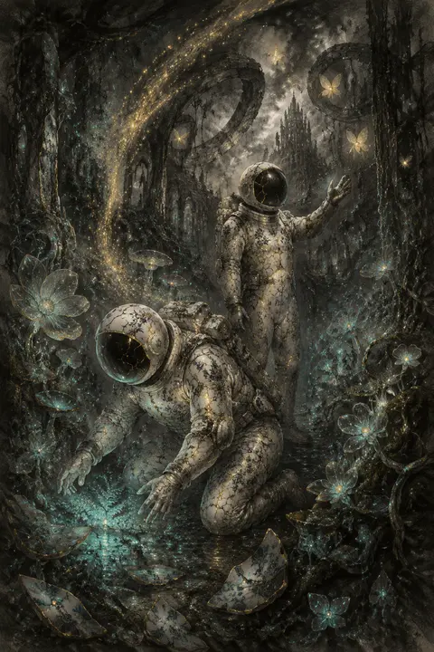 Vertical charcoal-sketch dream poster of twin astronaut explorers wandering thro - AI生成图片 1