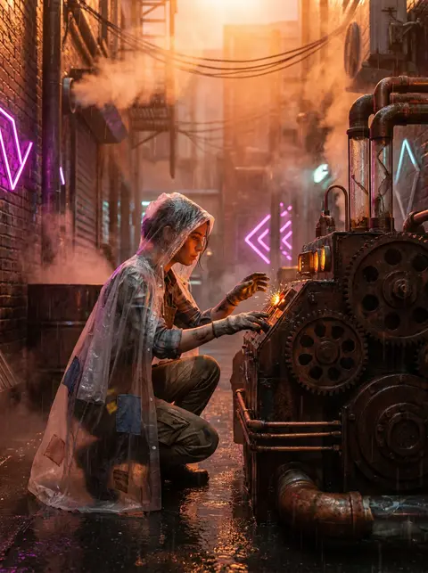 A teenage salvage-engineer in a patched translucent rain cape crouches beside a - AI生成图片 2