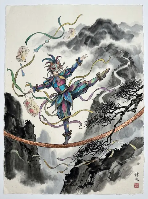 Masked carnival acrobat balanced on a hammered-copper rail in a fog-shrouded mou - AI生成图片 1