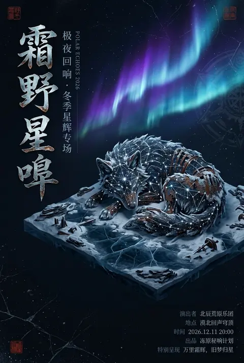 竖版高端艺术演出海报，完全重构为一座等距视角微缩场景：一头由星群与细碎光点编织成的巨狼，静静蜷伏在冰封苔原中央，轮廓像夜空被撕开后露出的星图骨架，身体局部呈锈蚀 - AI生成图片 2