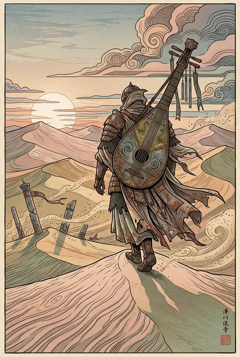 A lone itinerant lute-player strides across towering dunes at first light, rende - AI生成图片 1