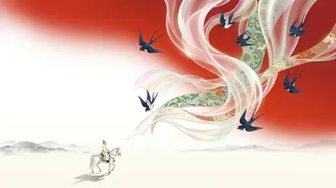 9:16 竖版，新中式东方美学极简插画，敦煌壁画与现代国潮视觉融合，东方古典丝路意境海报。画面以高饱和朱砂红、赤红渐变背景为主，上半部与左侧保留大面积纯净留白， - AI生成图片 3