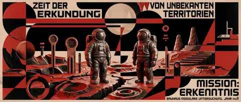 A dreamlike bauhaus geometric poster featuring twin astronaut explorers standing - AI生成图片 2