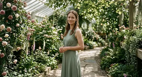 Natural cinematic garden portrait of Elara Voss standing with relaxed grace alon - AI生成图片 3