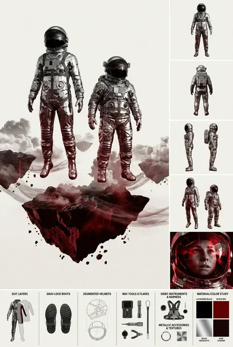 Twin astronaut explorers suspended above a continent of floating sky islands, re - AI生成图片 1