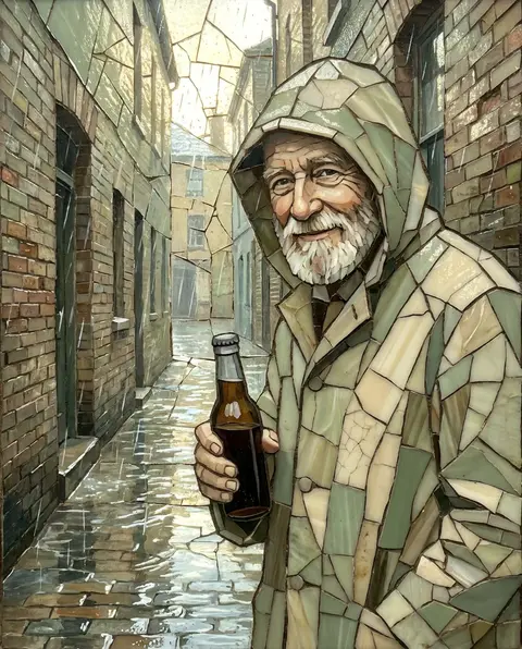 A weathered elderly fisherman in a rain-soaked back alley, rendered as a luminou - AI生成图片 2