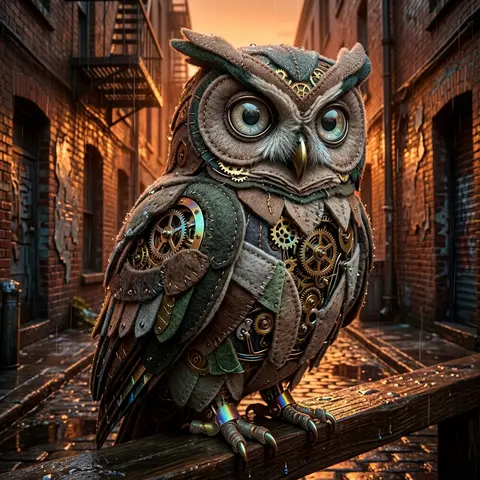 A clockwork owl assembled from layered soft felt panels and delicate brass gears - AI生成图片 4