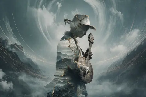 double-exposure photography of a wandering street musician in a fog-shrouded mou - AI生成图片 2