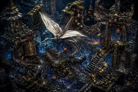 Isometric miniature scene of a living origami paper crane whipping through ancie - AI生成图片 1