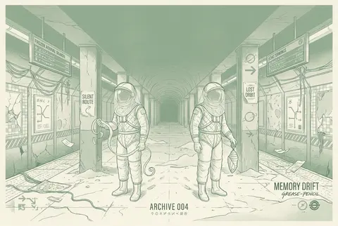 Vertical risograph two-tone print poster, twin astronaut explorers standing apar - AI生成图片 3