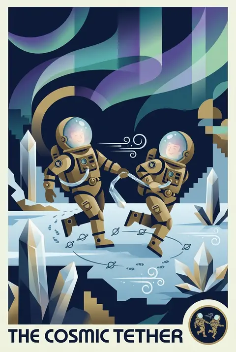 Two twin astronaut explorers with bubble helmets and compact brass exosuits skip - AI生成图片 2