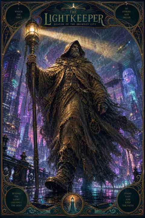Towering lighthouse keeper rendered as a mythic urban sentinel in an art nouveau - AI生成图片 1