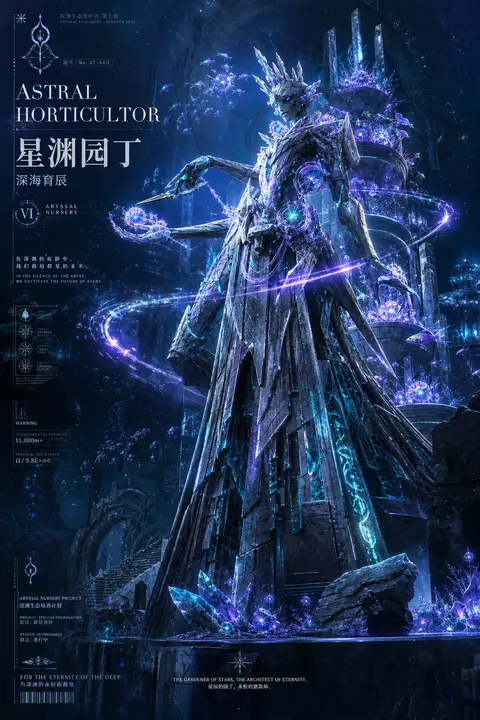 宏伟史诗级角色宣传海报，一位“星穹园艺师”悬立于深海断层之间，全身完整入镜，身形修长而非人化，面容冷静庄严，眼眸如青色等离子，半侧转身俯瞰观者，低机位仰视构图， - AI生成图片 1