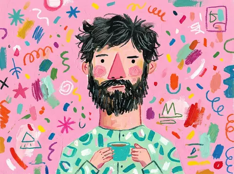 Whimsical hand-painted editorial illustration of a bearded man with messy dark h - AI生成图片 2