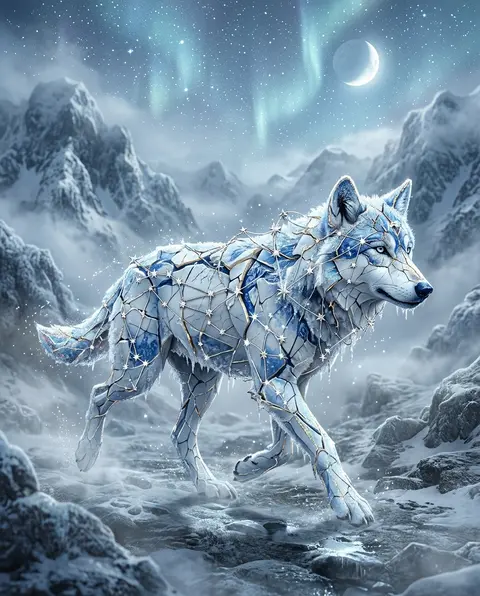 A playful holographic-foil poster of a constellation wolf formed from cracked po - AI生成图片 1