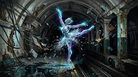 A ferocious editorial tableau on a deserted underground rail platform: a robotic - AI生成图片 1