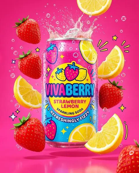 Ultra vibrant VivaBerry Strawberry Lemon sparkling soda hero shot, hot pink seam - AI生成图片 4