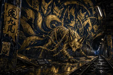 A tense cinematic graffiti street mural of a mythical nine-tailed fox spirit sta - AI生成图片 1
