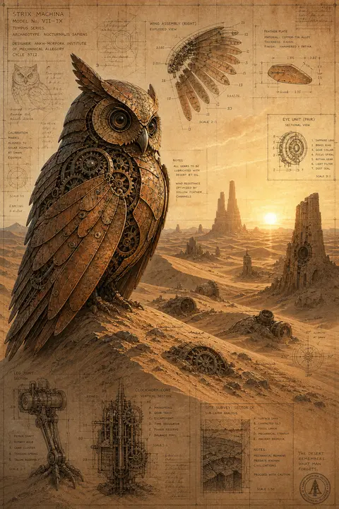 A dreamlike blueprint-style illustration of a clockwork owl standing half-buried - AI生成图片 2