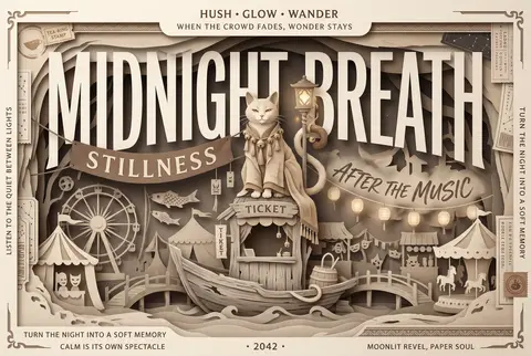 Layered papercut diorama poster of a tea-house cat presiding over a midnight car - AI生成图片 1