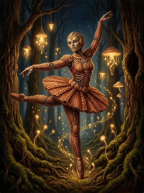 A robotic ballet dancer rises like a conquering titan in a bioluminescent night - AI生成图片 1
