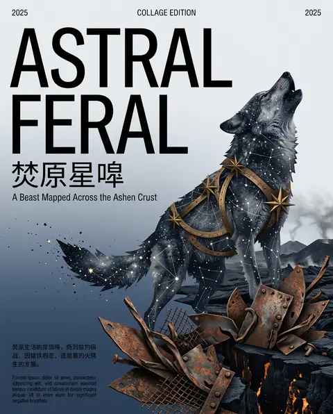 竖版艺术展海报，超大面积留白但不是纯白而是带轻微灰烬颗粒的午夜海军蓝雾面底，右侧与下半部主体为一匹由星群、星图连线与微弱天体尘埃构成的狼，正从焦黑熔岩裂谷边缘抬 - AI生成图片 1