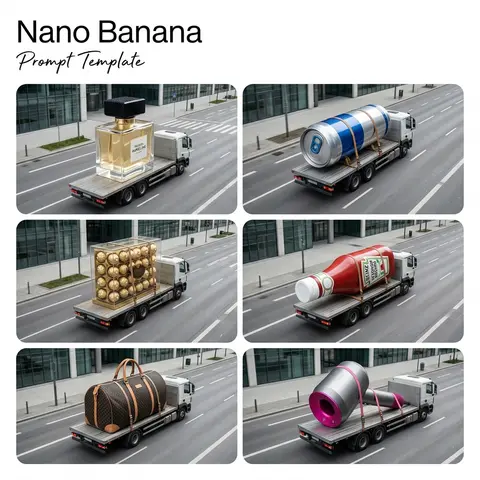 一张极简纯白海报版式的拼贴视觉，左上角排版标题“Nano Banana”，副标题为手写感“Prompt Template”，整体像顶级AI创意作品展示板与高端杂 - AI生成图片 3
