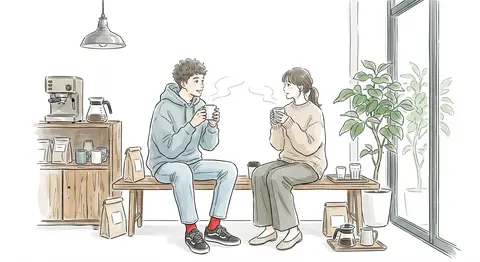 极简日系手绘插画风，大片白色留白背景，淡雅安静的咖啡馆室内一隅，以黑色细线随性勾勒，像速写结合轻薄水彩晕染；整体气质温柔、宁静、生活化，带有清新治愈的日常漫画插 - AI生成图片 3
