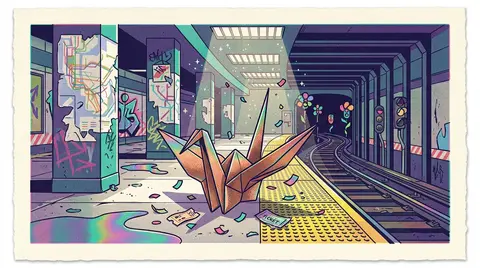 A joyful sunlit scene on an abandoned subway platform: a living origami paper cr - AI生成图片 2