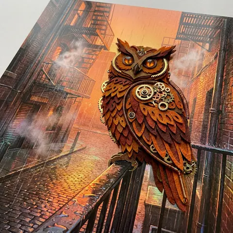 A clockwork owl assembled from layered soft felt panels and delicate brass gears - AI生成图片 1