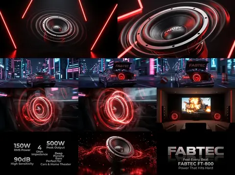 Create an ultra-realistic 3D commercial for the FABTEC FT-800 8-inch Car Subwoof - AI生成图片 1