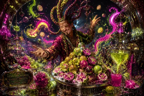 A jubilant fruit vendor with gravity-defying braided hair and a mischievous grin - AI生成图片 1