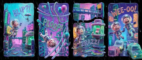Full-page 9:16 claymation stop-motion comic tableau set in a rain-drenched neon - AI生成图片 4