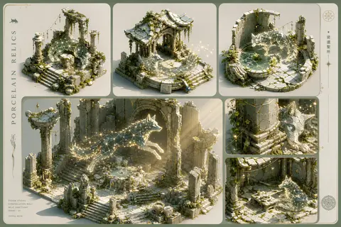 isometric miniature concept board of joyful sunlit relic design studies, ancient - AI生成图片 1