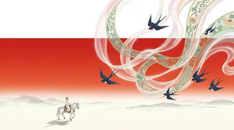9:16 竖版，新中式东方美学极简插画，敦煌壁画与现代国潮视觉融合，东方古典丝路意境海报。画面以高饱和朱砂红、赤红渐变背景为主，上半部与左侧保留大面积纯净留白， - AI生成图片 1