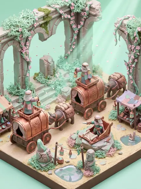 An isometric miniature tableau of a desert nomad caravan threading through ancie - AI生成图片 3