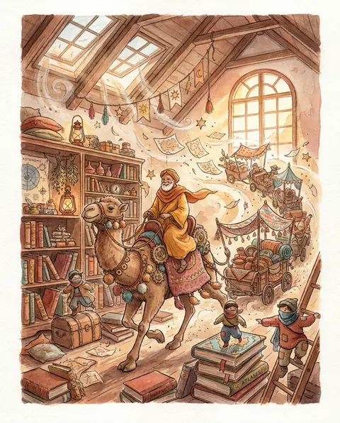 Watercolor storybook illustration of a fictional desert nomad caravan bursting t - AI生成图片 2