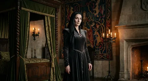 A seductive infernal enchantress named Seraphine Vale stands in a dimly lit goth - AI生成图片 2