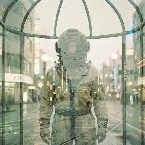 Double-exposure photograph of a deep-sea diver standing beneath a translucent sh - AI生成图片 2
